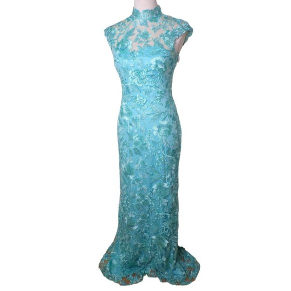 TADASHI SHOJI Embroidered Sheer Lace Mock Neck Gown Aqua 2 NEW - Picture 7 of 13